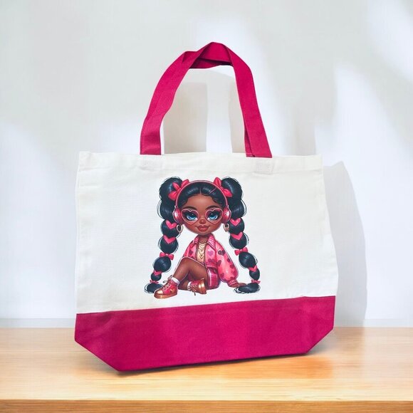 Large Magenta & White with Trendy Girl Graphic Canvas Tote - New - Picture 2 of 5